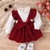 Ensemble pour bébé fille – Costume deux pièces uni, haut avec nœud mignon et jupe à bretelles.