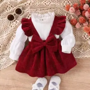 Ensemble pour bébé fille – Costume deux pièces uni, haut avec nœud mignon et jupe à bretelles.