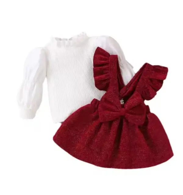 Ensemble pour bébé fille – Costume deux pièces uni, haut avec nœud mignon et jupe à bretelles.
