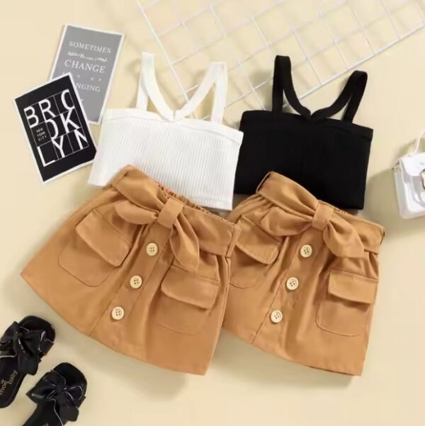 Ensemble de vêtements pour filles, style occidental, tenue d'été 2 pièces avec haut à bretelles rayé et jupe courte avec nœud