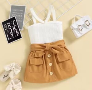 Ensemble de vêtements pour filles, style occidental, tenue d'été 2 pièces avec haut à bretelles rayé et jupe courte avec nœud