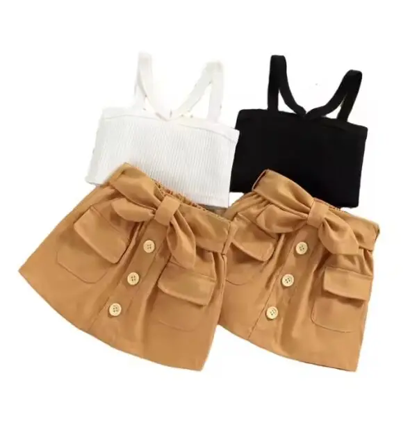 Ensemble de vêtements pour filles, style occidental, tenue d'été 2 pièces avec haut à bretelles rayé et jupe courte avec nœud